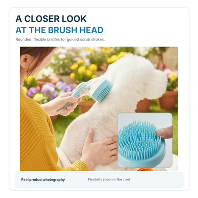 Supplier photograph showing exact blue brush being used on a white dog, with inset view of flexible rounded bristles; no unverified skin-safety claim.