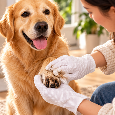 Illustrative dog-paw cleaning scene: a hand wearing a white textured cleaning glove wipes the paw directly; no additional wipe or cloth.